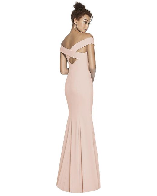 Dessy Collection Natural Off-the-shoulder Criss Cross Back Trumpet Gown