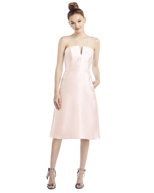 Alfred Sung Pink Strapless Notch Satin Cocktail Dress With Pockets