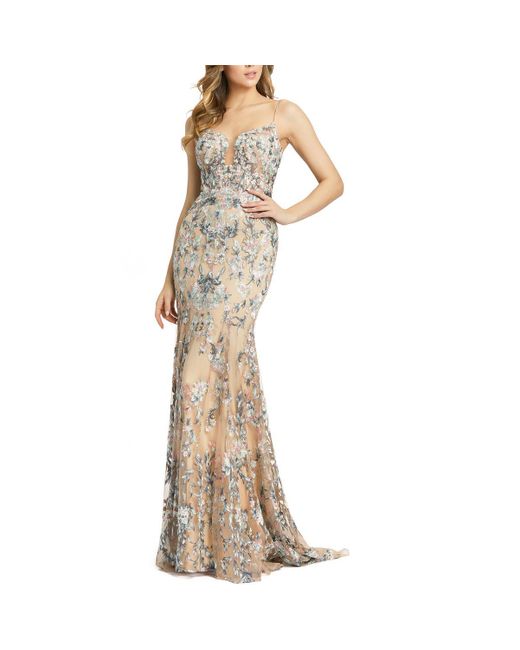 Mac Duggal Natural Embroidered Mesh Evening Dress