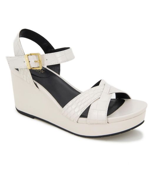 Kenneth Cole White Clarissa Embossed Buckle Wedge Sandals