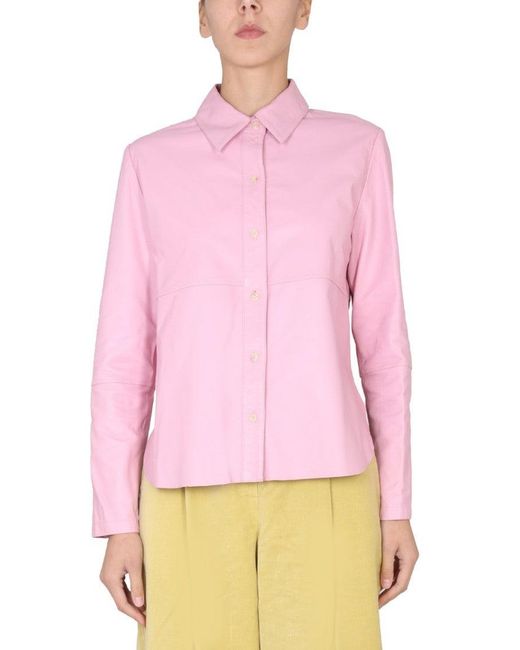 Alysi Pink Pointed Collar Leather Jacket