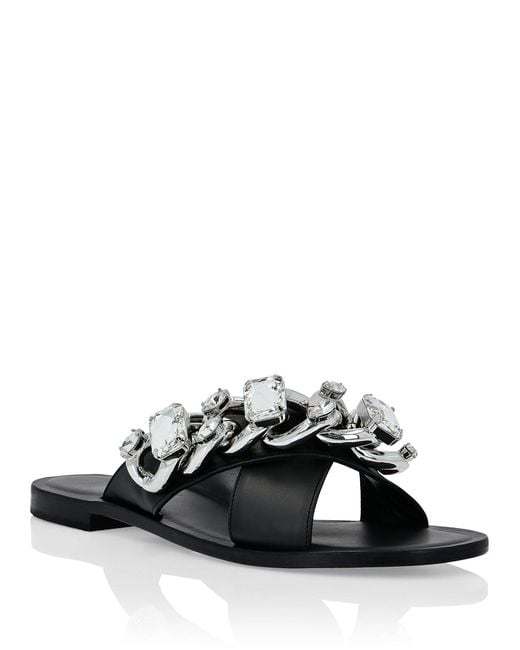 Philipp Plein Black Leather Sandals Flat Chains