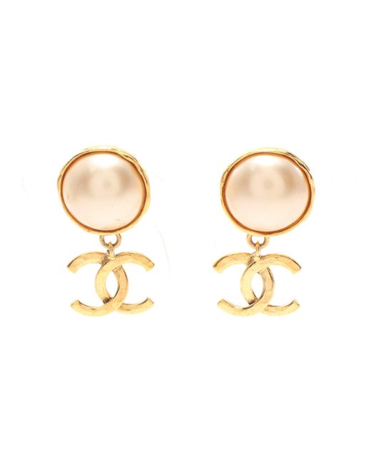 Chanel Metallic Coco Mark Earrings Gp Fake Pearl Gold Off95p