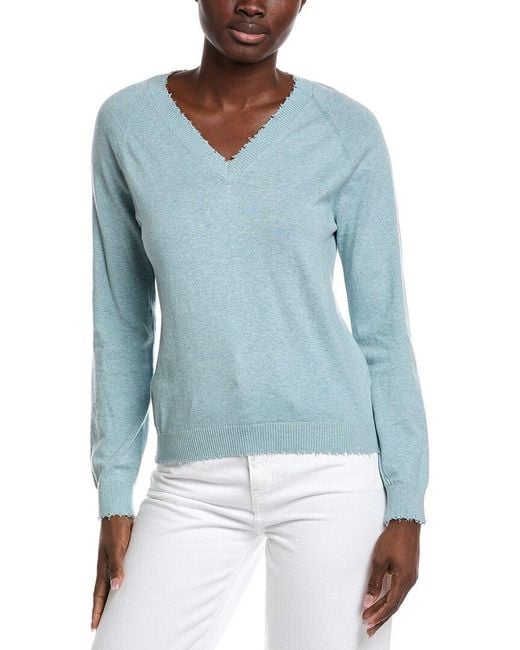 Minnie Rose Blue Frayed Cashmere-Blend Sweater