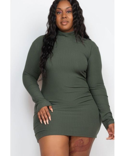 TRUEDAMES Green Plus Size Ribbed Long Sleeve Mock Neck Mini Bodycon Dress