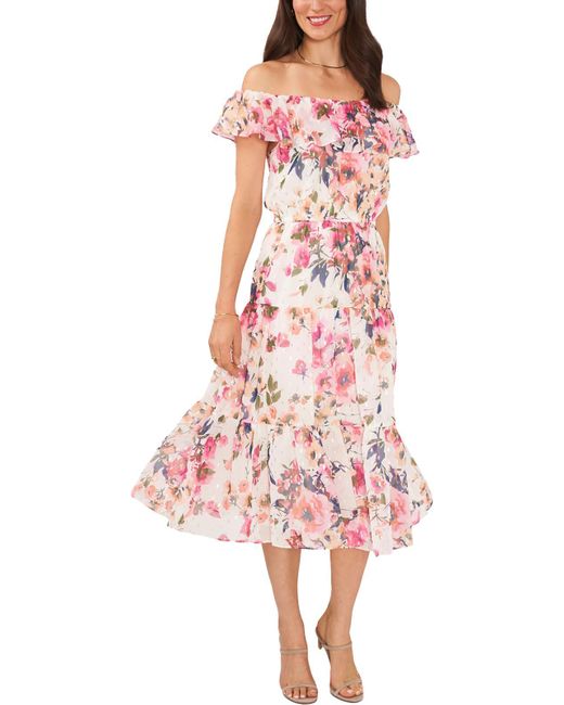 Msk Pink Floral Off-the-shoulder Midi Dress
