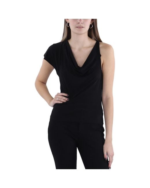 BCBGMAXAZRIA Black Cowl Neck Asymmetrical Drape Knit Top With Flutter Cap Sleeves