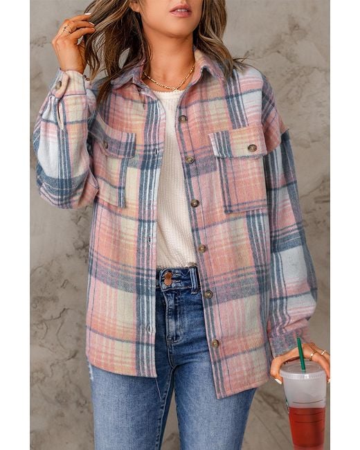 TRUEDAMES Gray Plaid Flap Pockets Shacket