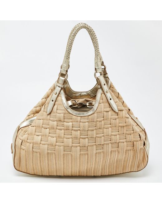 Cole Haan Natural /gold Woven Canvas And Leather Satchel