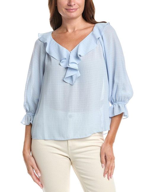 Max Studio Blue Sleeve Ruffle Front Blouse