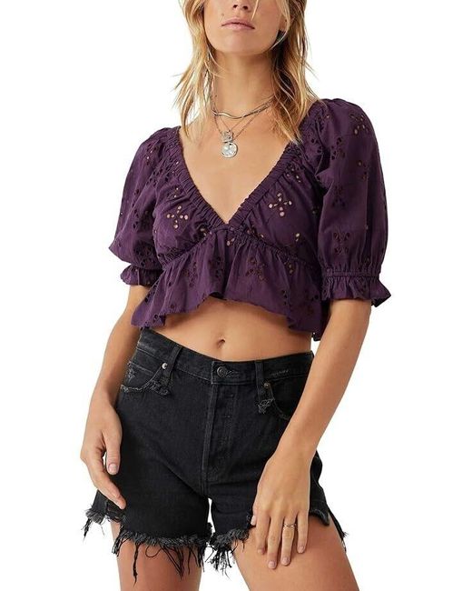 Free People Purple Gardenia Crop Top Moonscape Eyelet Ruffled Trim Jdm615