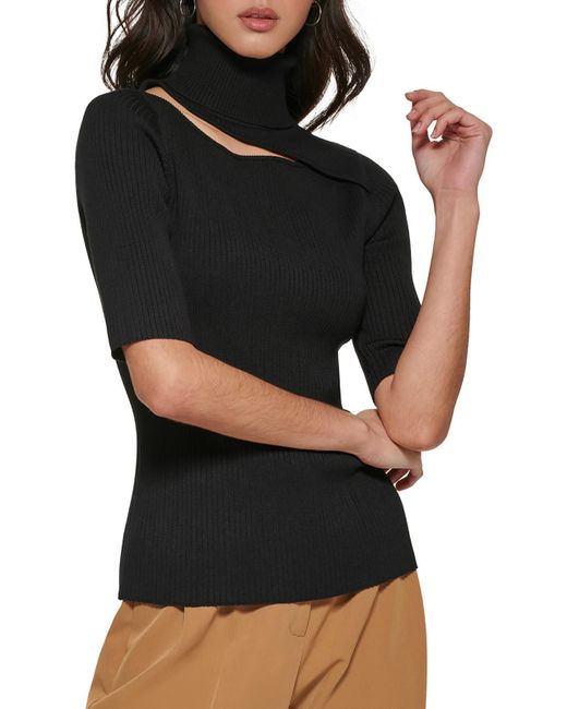 DKNY Black Ribbed Knit Cut-out Turtleneck Sweater