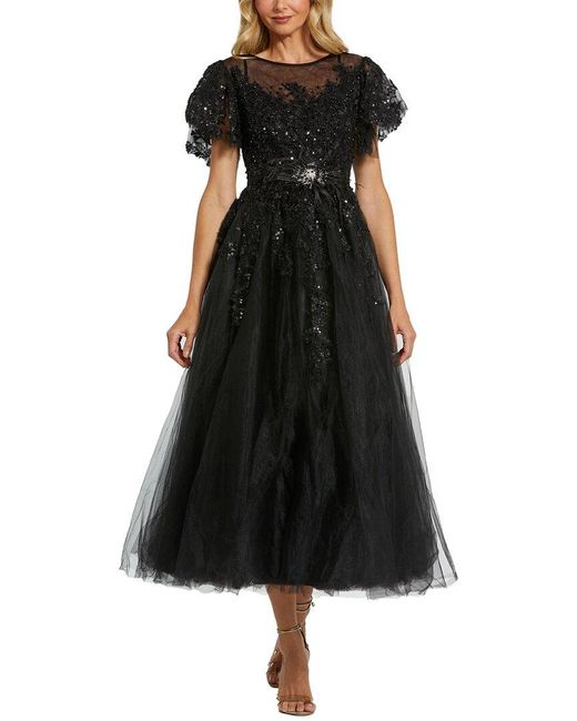 Mac Duggal Black Embellished Flutter Sleeve Bow Waist A Line Dress