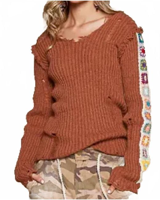 Pol Brown Patchwork Crochet Sweater
