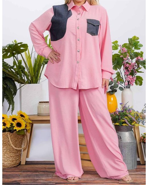 Karen T Design Pink Pocket Patch Shirt And Wide Leg Pants