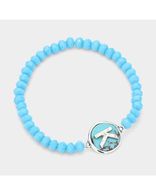 Fashnzfab Blue K- Initial Monogram Charm Faceted Beaded Stretch Bracelet