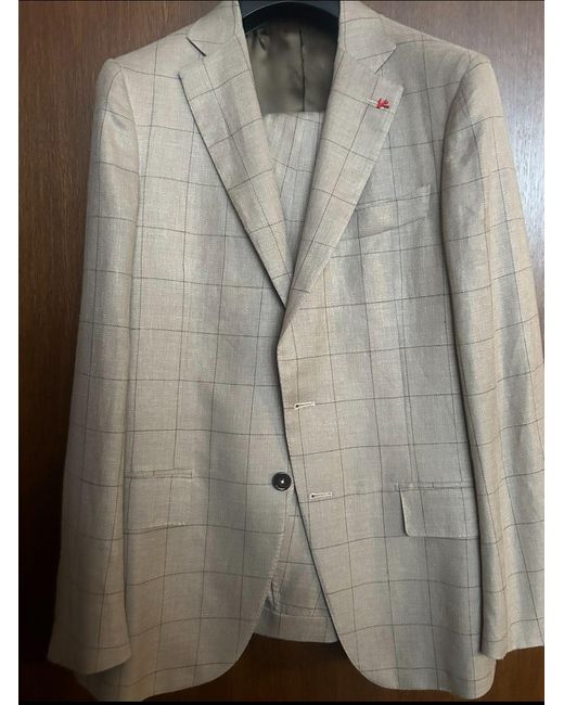 Isaia Gray Windowpane Linen-Wool-Silk Suit for men