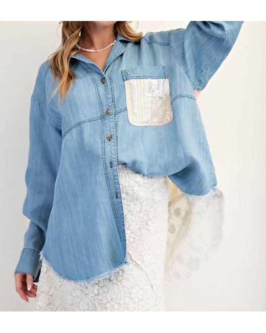 Easel Blue Mixed Patchwork Washed Chambray Button Down Shirt