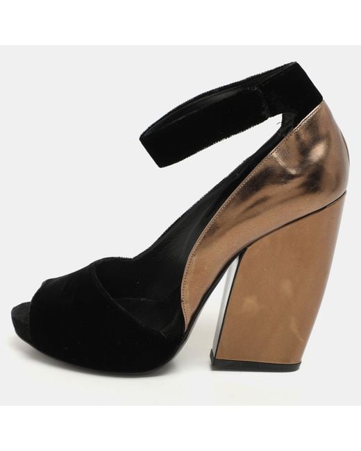Pierre Hardy Black Bronze Leather And Velvet Block Heel Ankle Strap Pumps