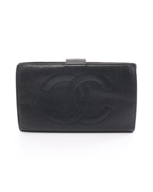 Chanel Black Coco Mark Bi-fold Long Wallet Caviar Skin Gold Hardware