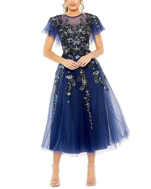 Mac Duggal Blue Flutter Sleeve High Neck Embellished Floral Dress