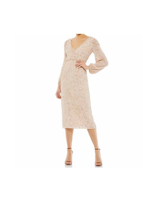 Mac Duggal Natural Sequin Long Puff Sleeve Cocktail Midi