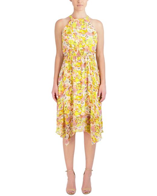 BCBGeneration Yellow Sheer Floral Print Midi Dress