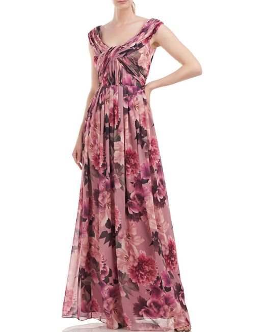 Kay Unger Red Floral Pleated Evening Dress