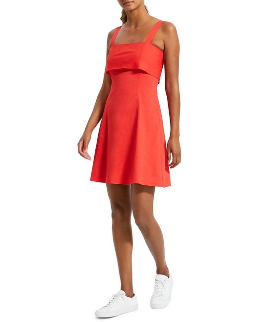 Theory Red Drape Back Ruffled Neckline Fit & Flare Dress