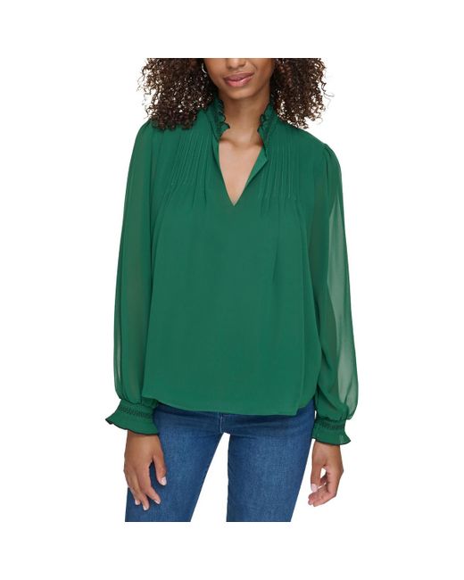 Karl Lagerfeld Green V-Neck Pleated Pullover Top