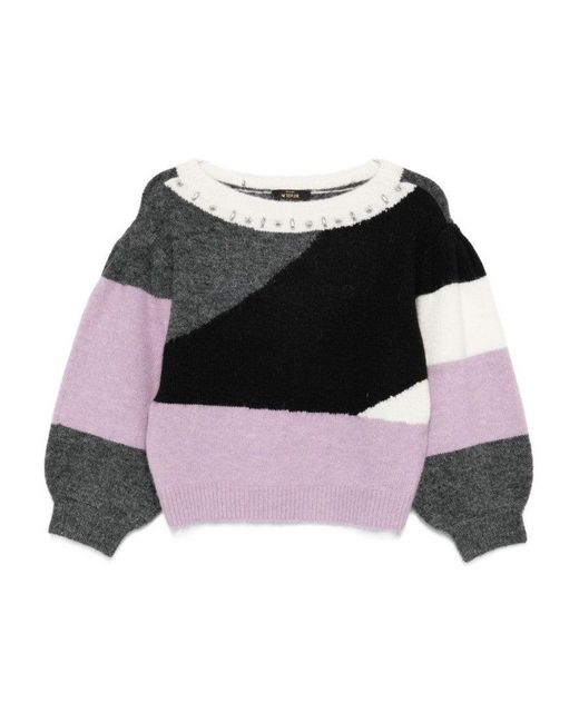Twinset Black Colour-Block Panelled Knit Sweater With Embellished Neckline