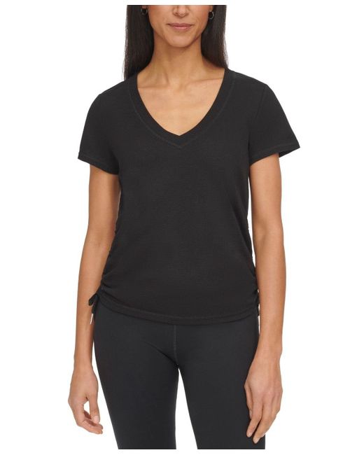 Calvin Klein Black T-Shirt Textured V-Neck Drawstring Ruched Top Fts564