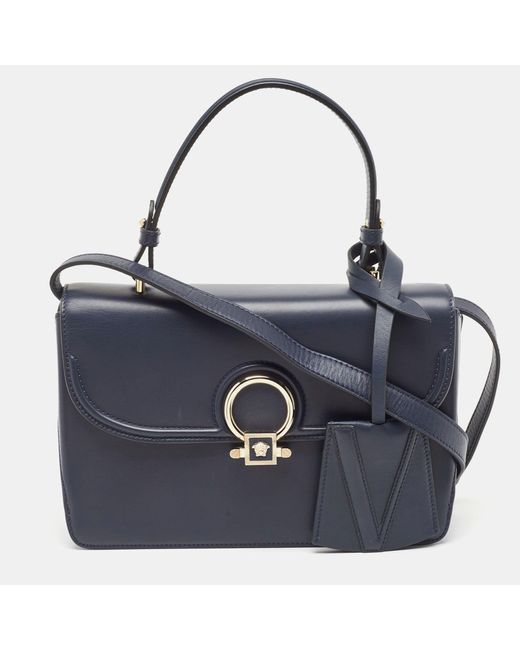 Versace Blue Leather And Suede Dv One Top Handle Bag