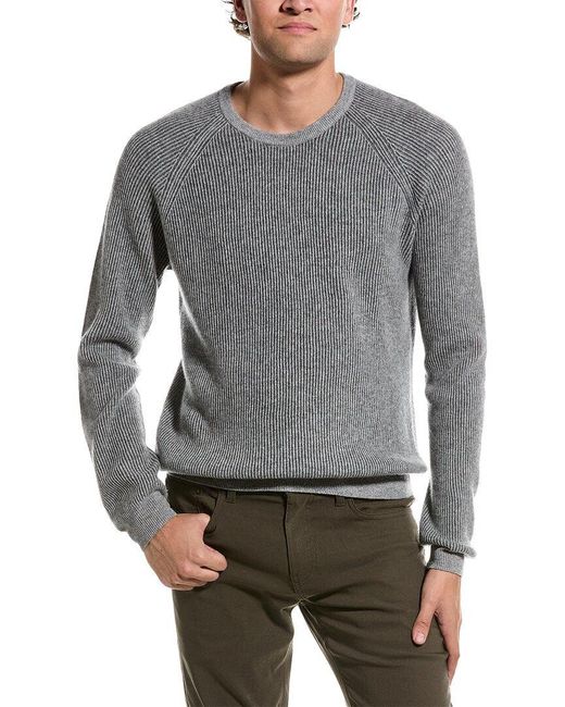 Amicale Cashmere Men's Gray Plaited Rib Raglan Cashmere Crewneck