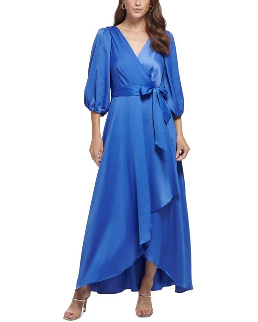 DKNY Blue Faux Wrap Ankle Length Wrap Dress