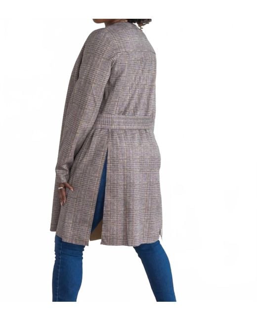 Davi & Dani Gray Plaid Suede Longline Side Slitted Hem Blazer Without Lapel