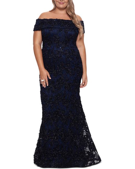 Xscape Blue Plus Lace Overlay Off-the-shoulder Evening Dress