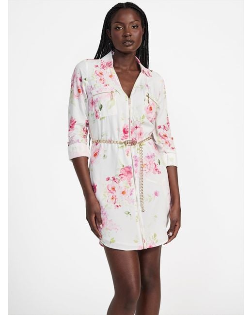Guess Elina Printed Belted Dress in White | Lyst