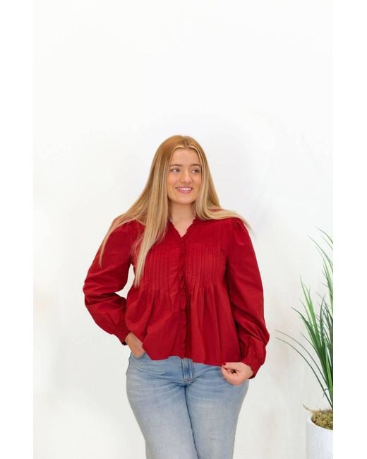 TCEC Red V-Neck Ruffled Trim Hidden Button Down Blouse