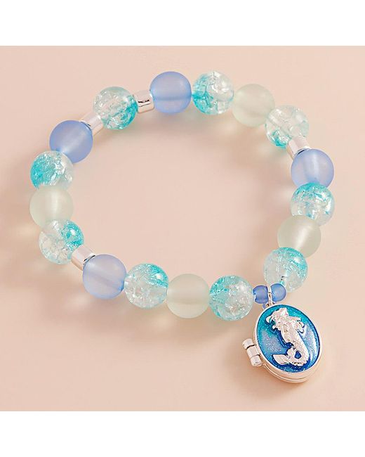 Fashnzfab Blue Enamel Oval Mermaid Locket Charm Beaded Stretch Bracelet