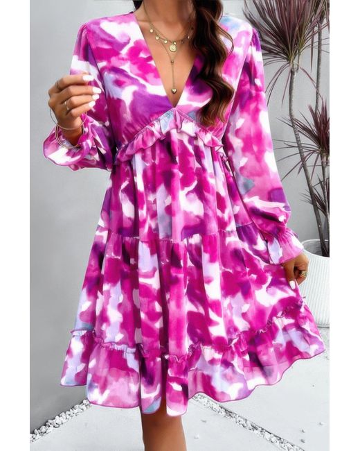 TRUEDAMES Pink Fashnzfab Elegant Printed V Neck Ruffled A Line Mini Dress