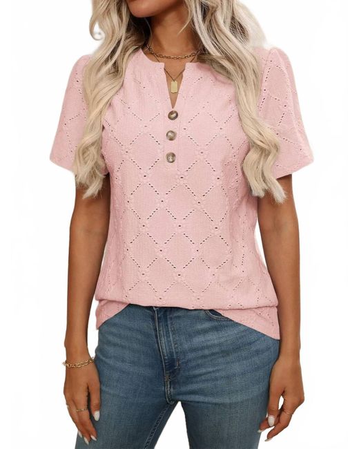 Trendsi Red Eyelet Notched Short Sleeve Top