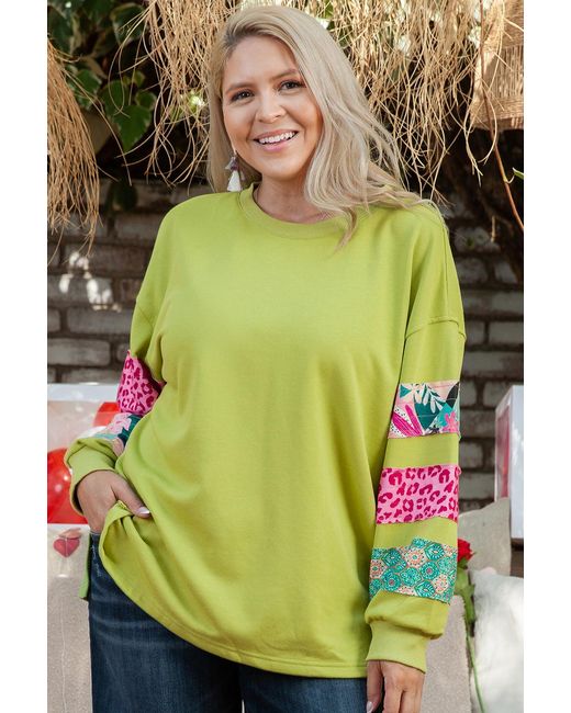 TRUEDAMES Green Plus Size Printed Patchwork Sleeve Split Sweatshirt