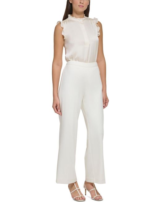 DKNY White Petites High Rise Solid Wide Leg Pants