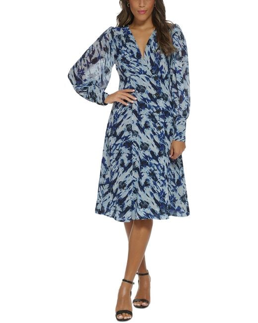 Donna Karan Blue Surplice Polyester Wrap Dress
