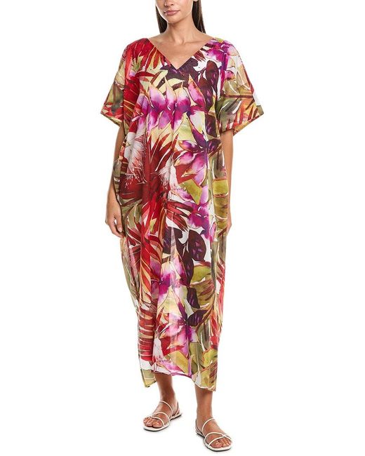 Natori Red Rainforest Beaded Caftan