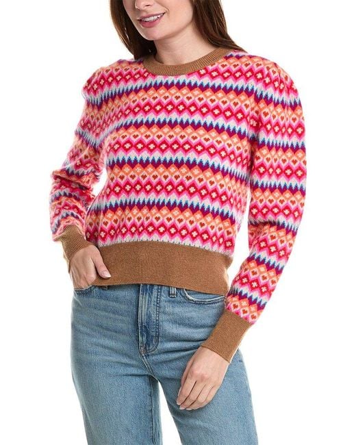 Brodie Cashmere Women's Red Farley Fairisle Puff Sleeve Cashmere