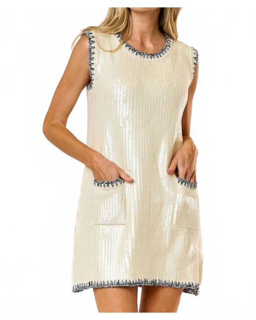Lalavon Natural Sequin Contrast Stitch Front Pocket Mini Dress