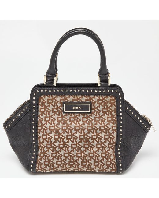 DKNY Brown Signature Canvas And Leather Studded Satchel