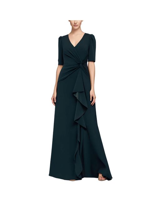 Xscape Blue Ruffled Polyester Evening Dress